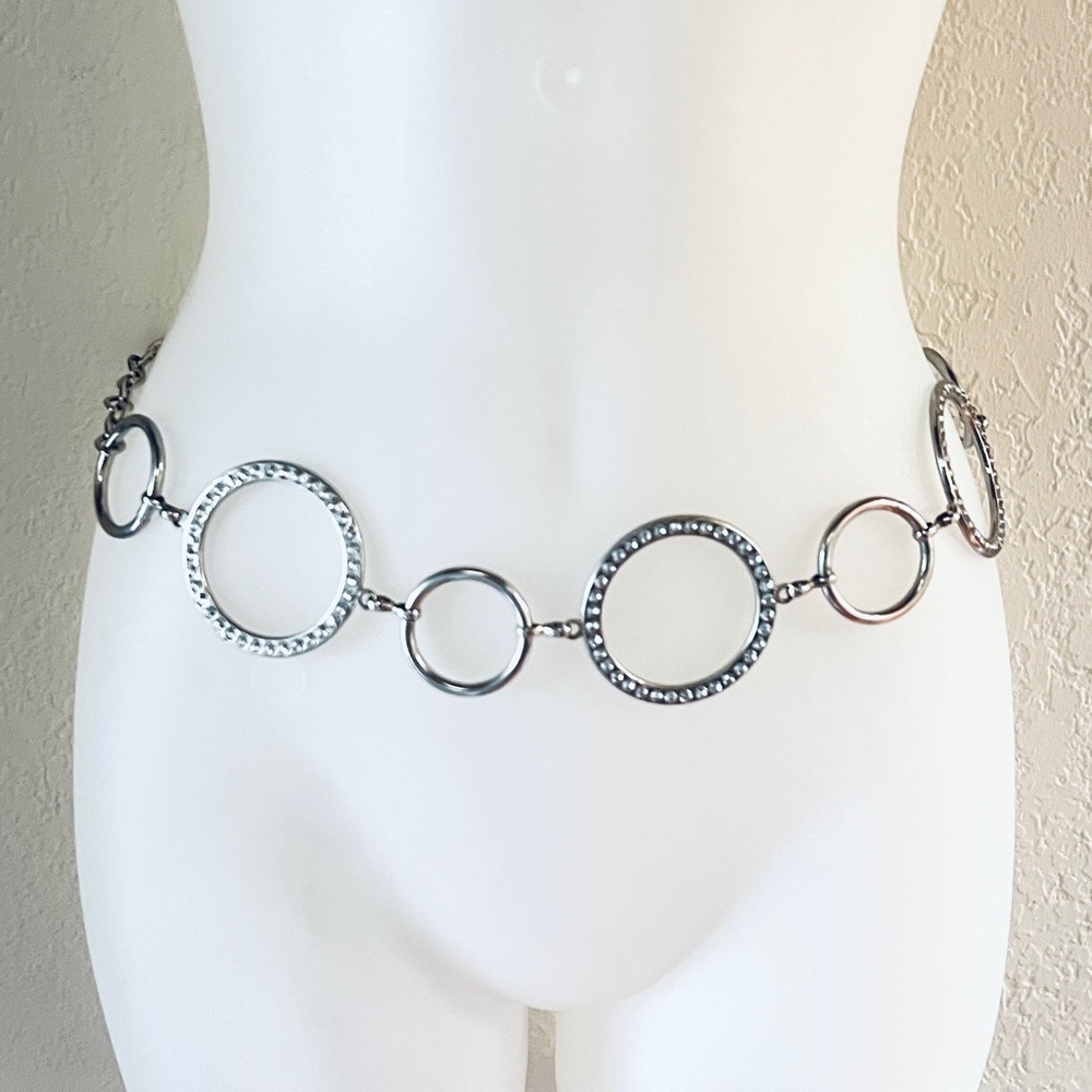 Aged silvertone, vintage clear bling circle chain adjustable hip belt